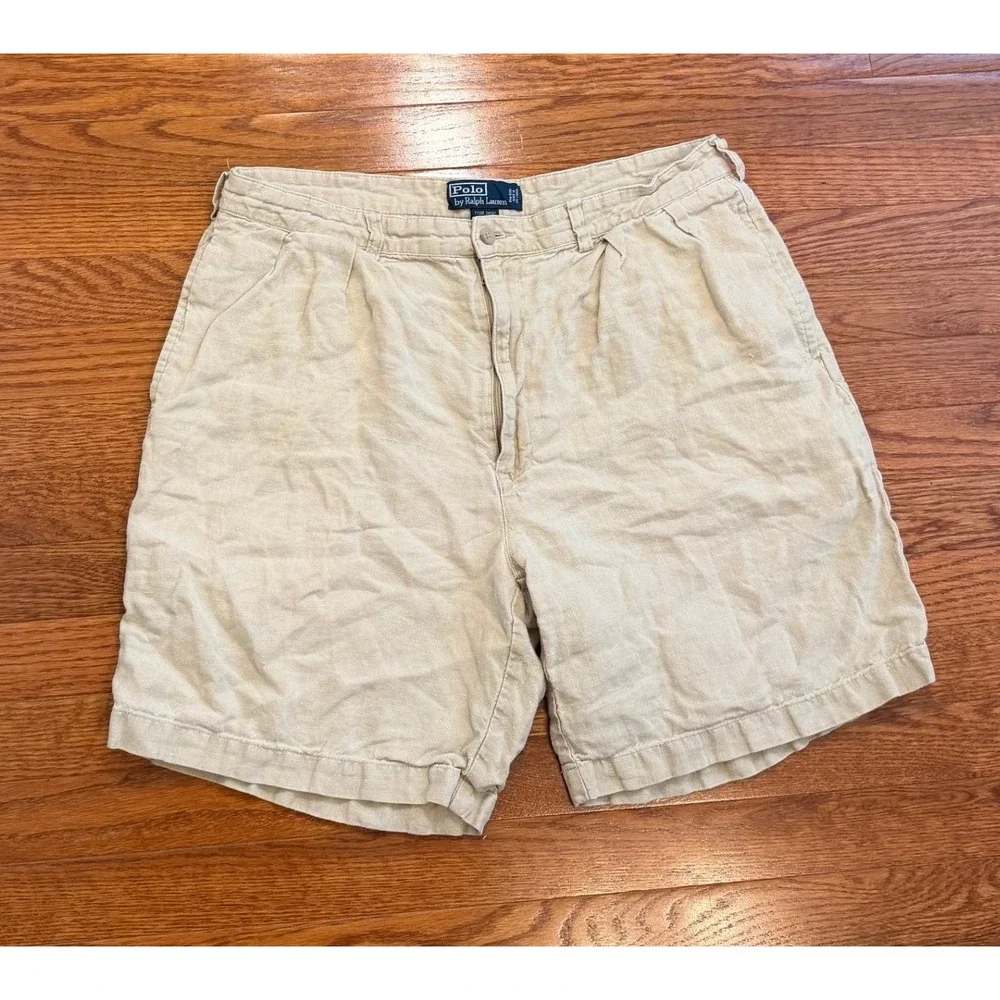 Vintage Polo Ralph Lauren 100% Linen Tyler Shorts Fits Mens 35 Pleated Khaki 7
